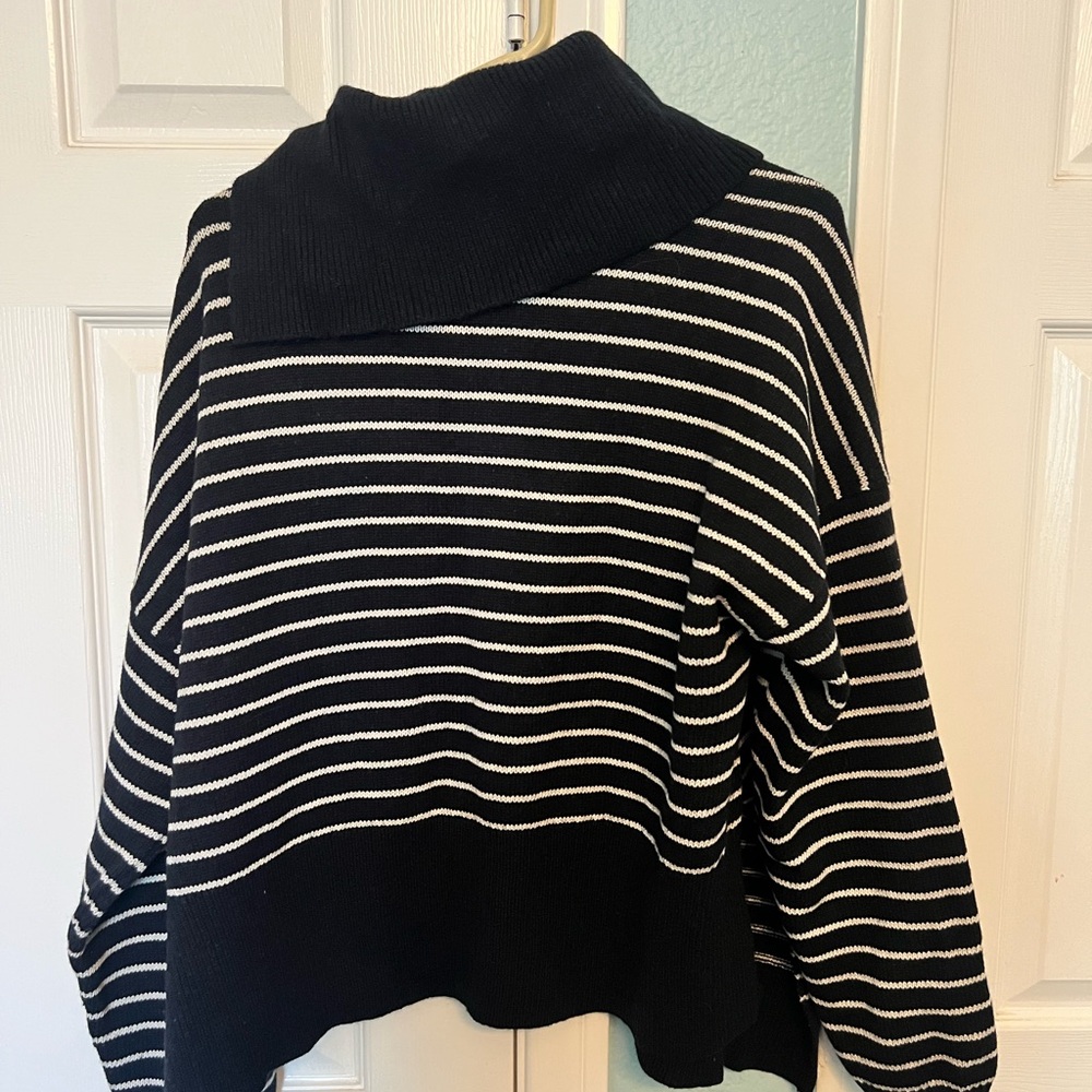 All Saints Black and White Striped Cowl Neck Sweater